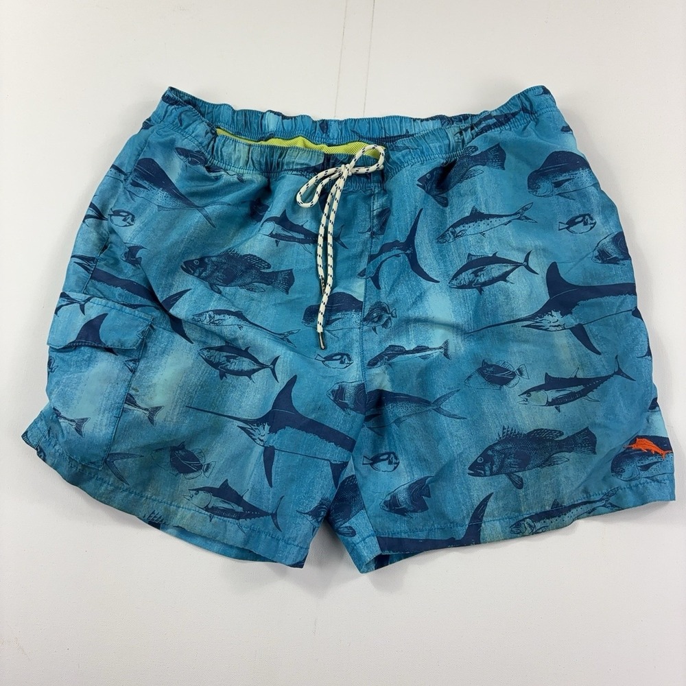 Tommy Bahama Shorts Mens XL Blue Fish Print Swim Trunks Mesh Lined Drawstring
